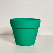 Load image into Gallery viewer, A green terracotta pot with a matte finish. The planter pot includes a drainage hole.
