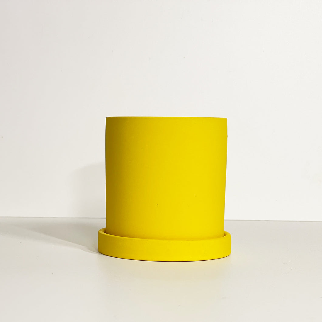 The Cyn is a bright yellow cylinder-shaped planter pot. The planter pot has a drainage hole and a saucer that helps catch water.